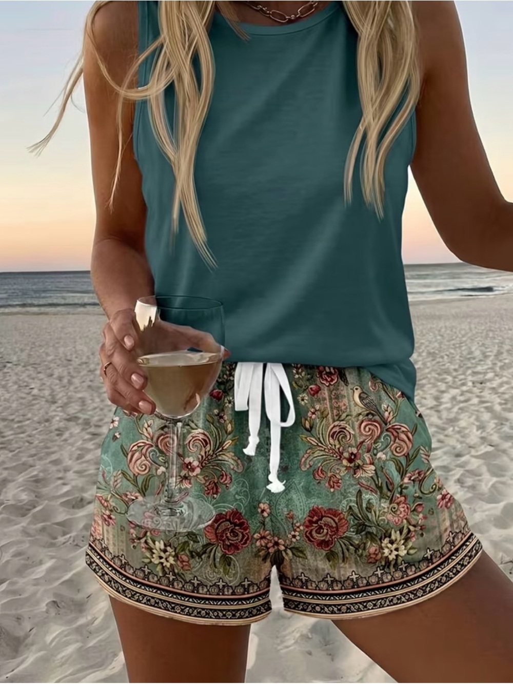 Comfort Floral Drawstring Women’s Shorts in Teal